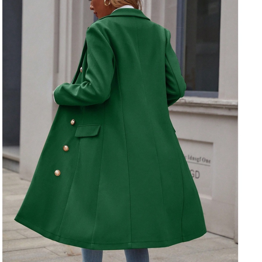 Classic Green Double Button Solid Faux Pockets Jacket Coat - Picture 3 of 5